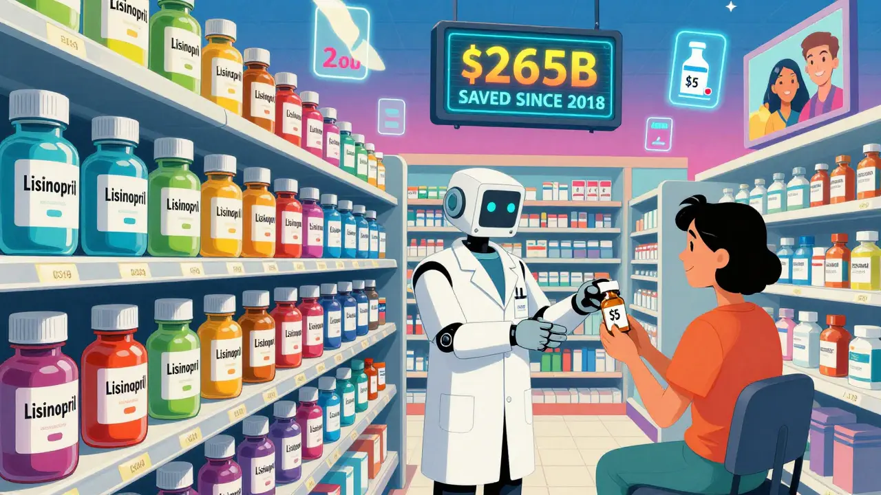 A pharmacy aisle with over a dozen identical drugs, each cheaper than the last, under a holographic savings ticker.