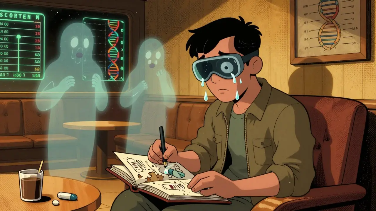 A survivor with a protective eye visor, surrounded by ghostly drug images in a retro-futuristic lounge.