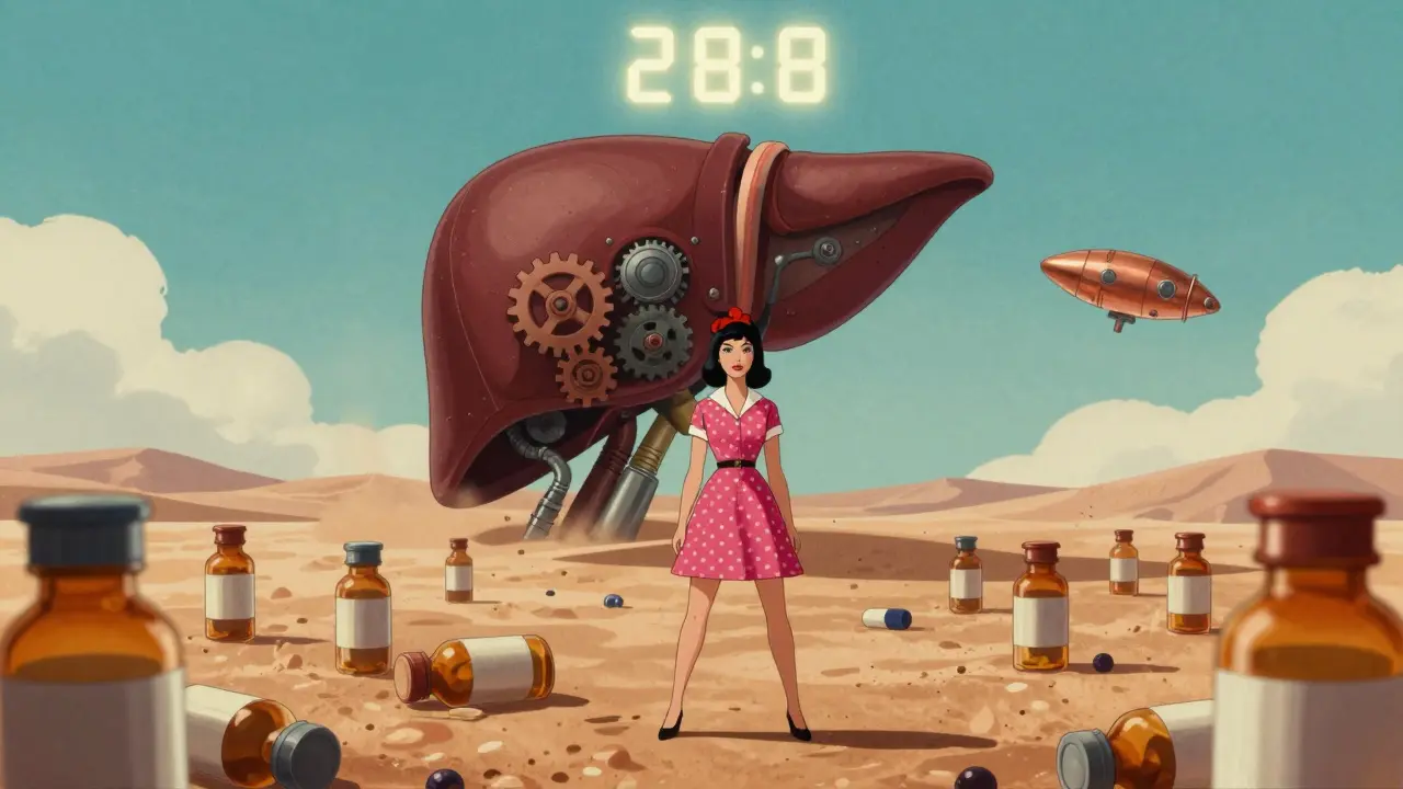 A woman faces a mechanical liver with a 28-day countdown, while a spaceship-shaped IUD flies safely overhead.