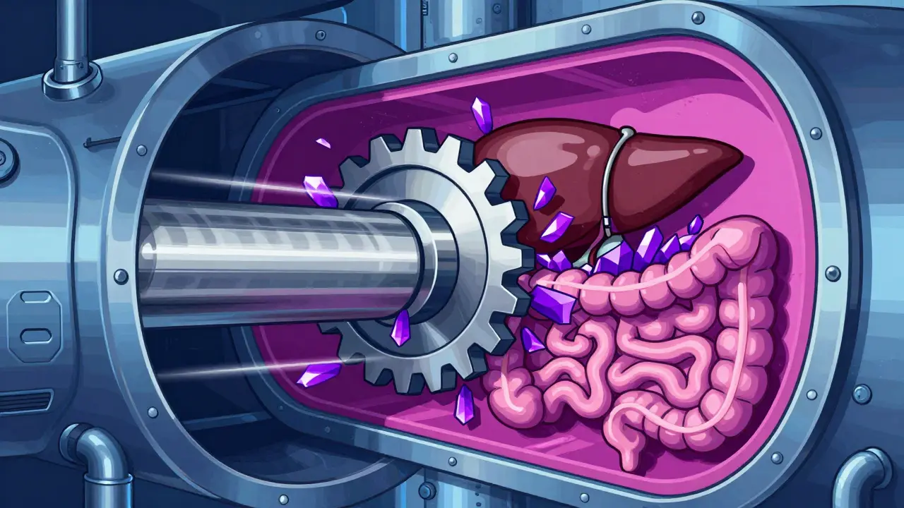 Abstract mechanical drawing of crystals jamming an enzyme gear.