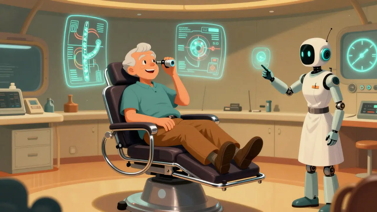An elderly person doing the Epley maneuver on a futuristic chair with holographic diagrams and a robotic nurse.