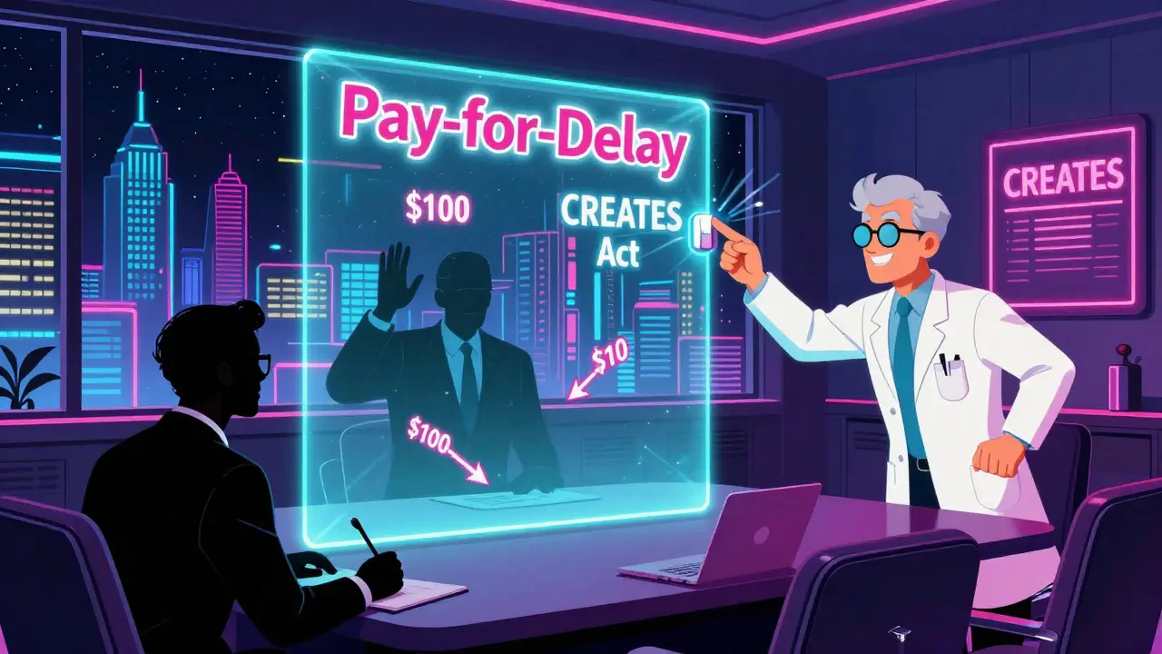 Corporate executives blocked by a forcefield as a pharmacist activates law to allow generic competition.