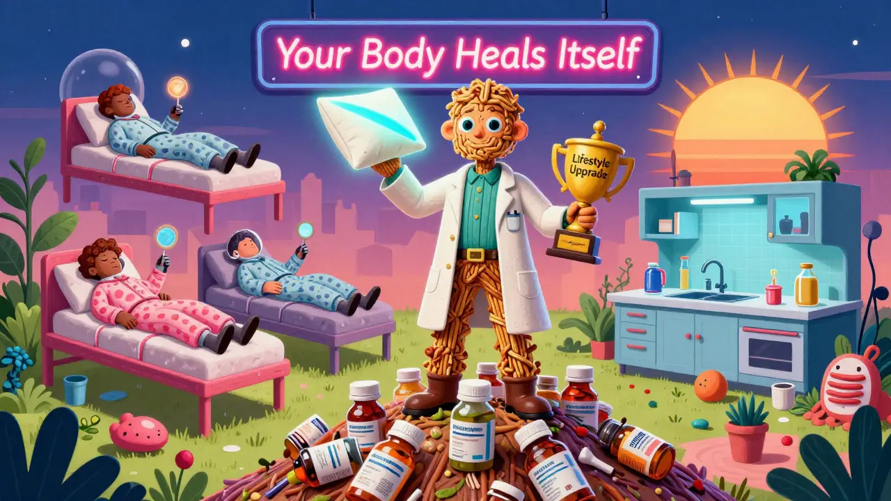 Hero in lab coat holding lifestyle trophy, standing on discarded pills, as patients sleep peacefully on elevated beds under neon sign.