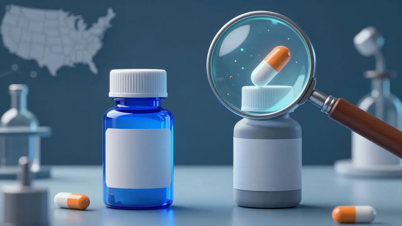 Magnifying glass inspects subtle differences between two pill bottles