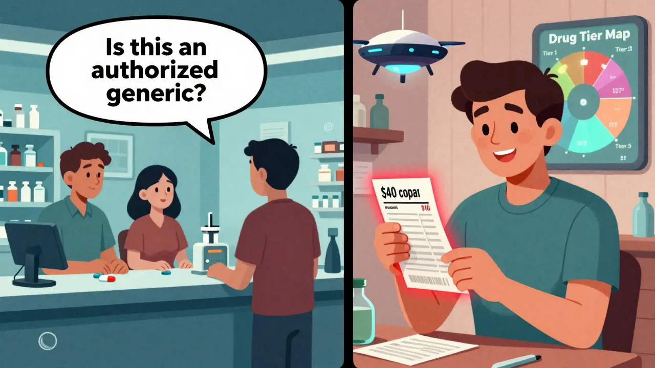 Patient at pharmacy asking about authorized generics, with side-by-side scenes of insurance copay vs. cash price in retro-futuristic design.
