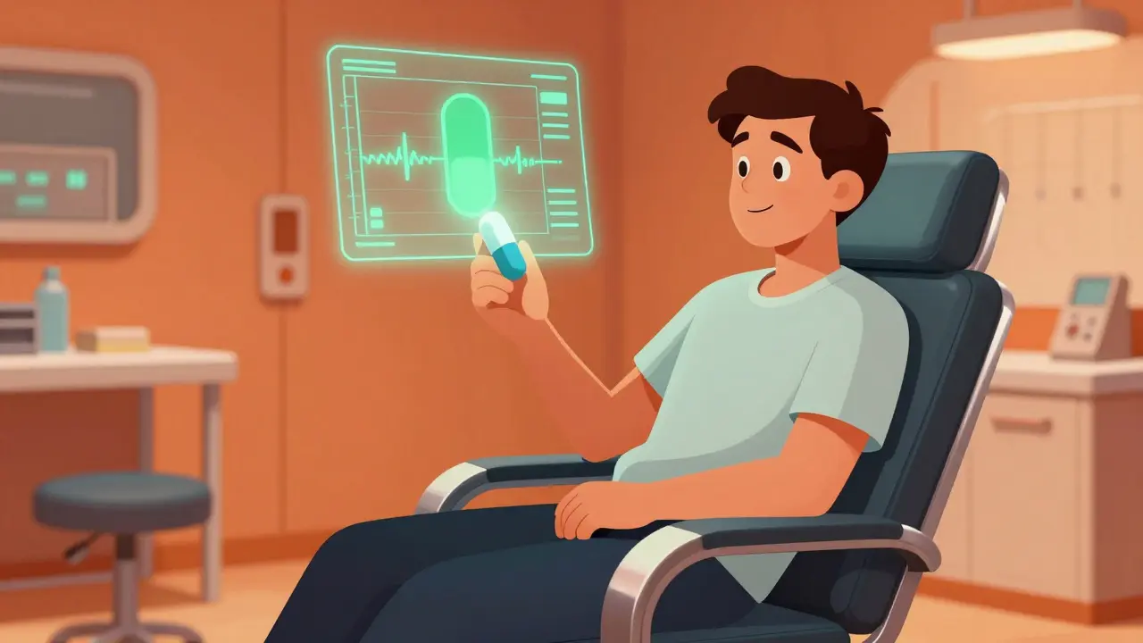 Patient in medical chair holding a glowing pill with holographic health indicator.