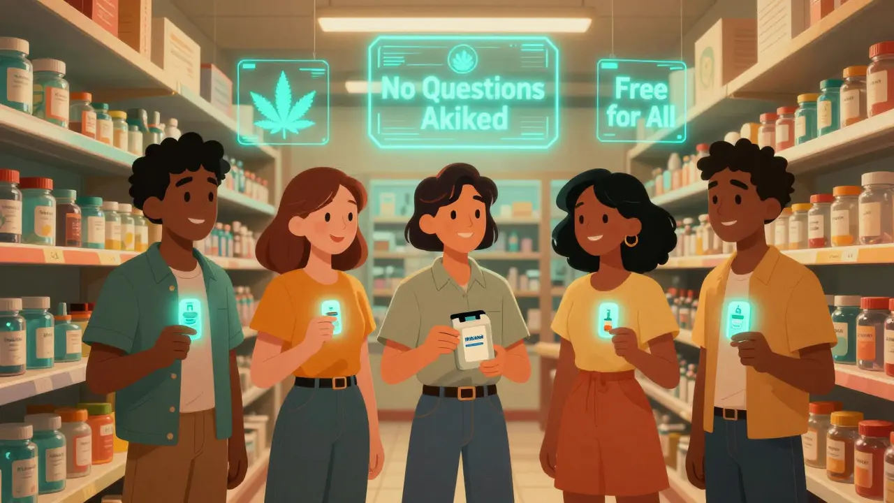 People in a glowing pharmacy exchange naloxone kits with smiles, surrounded by floating signs that say 'No Questions Asked'.