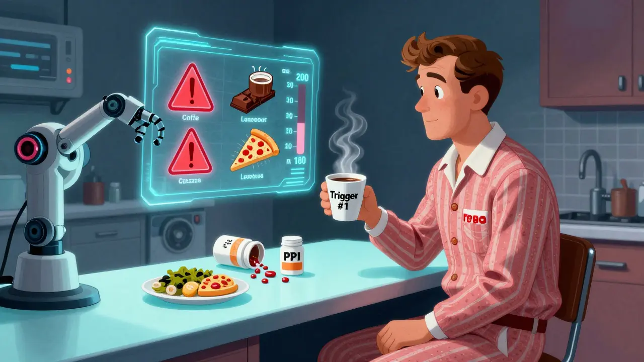 Person at glowing kitchen counter with AI hologram warning about GERD triggers, beside a dissolving pill and healthy meal.