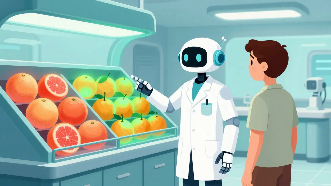 Pharmacist advising a patient on safe versus dangerous citrus fruits.