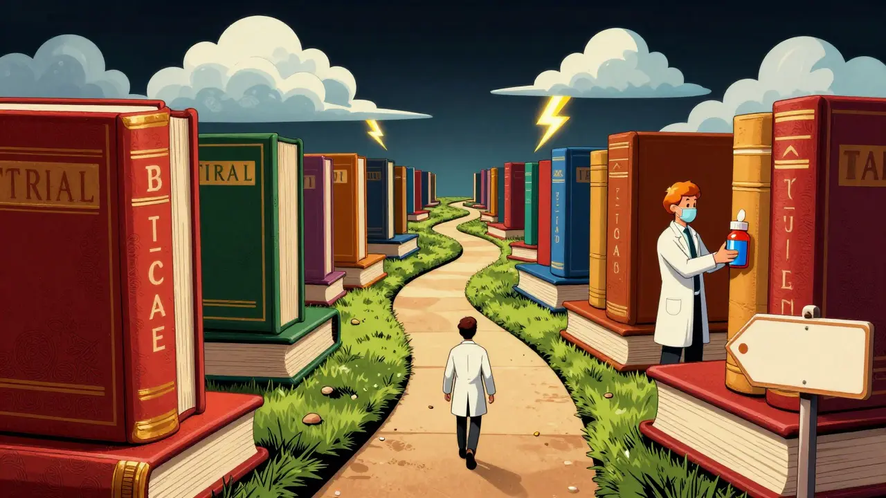 Physician navigating complex state law pathways in cartoon style