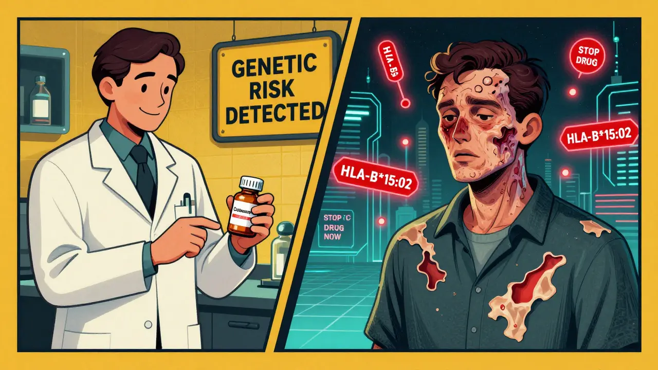 Split scene: peaceful drug prescription turning into violent skin reaction with glowing genetic markers.