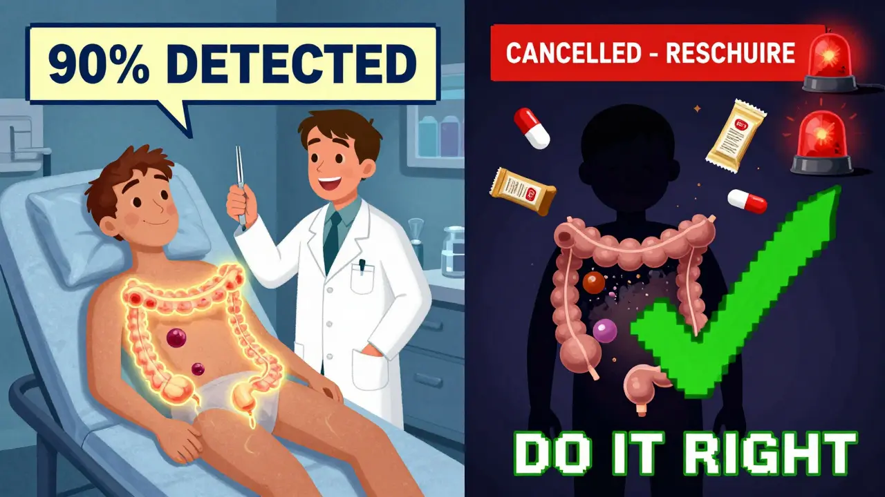 Split-screen: one side shows a healthy colon with a doctor removing a polyp, the other shows a canceled exam with warning icons.