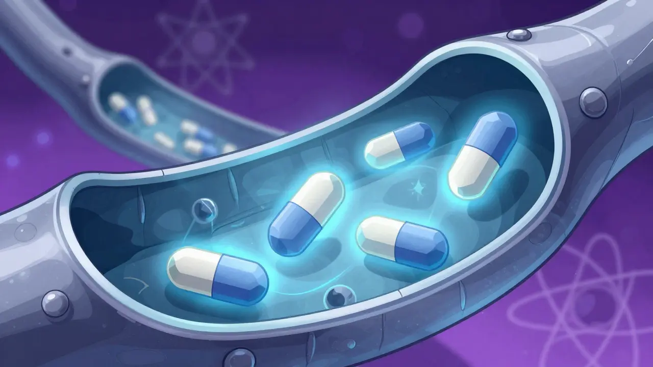 Stylized pills inside a blood vessel causing walls to relax and widen.