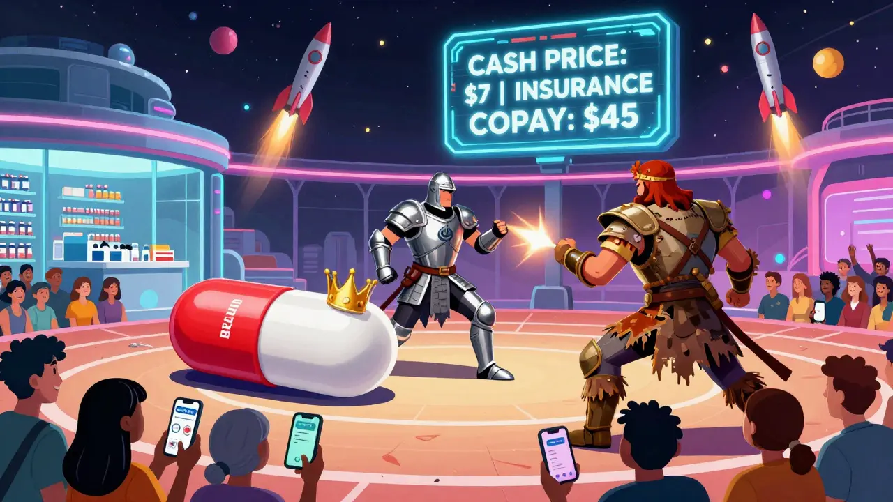 Three pill capsules in a neon arena battle, representing brand, authorized generic, and traditional generic, with a scoreboard showing cash price savings.