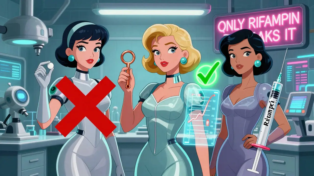 Three women with contrasting birth control methods; only the copper IUD is marked safe from rifampin's effects.