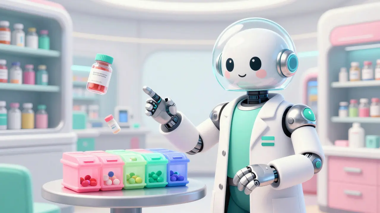 A futuristic android pharmacist showing a space-age weekly pill organizer in a bright clinic.