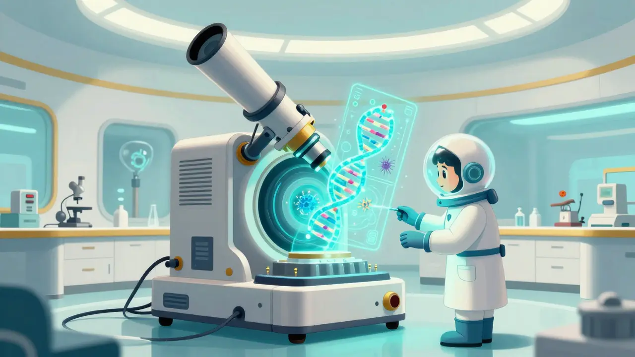 A scientist using a large retro-futuristic genetic sequencing machine to identify a pathogen.