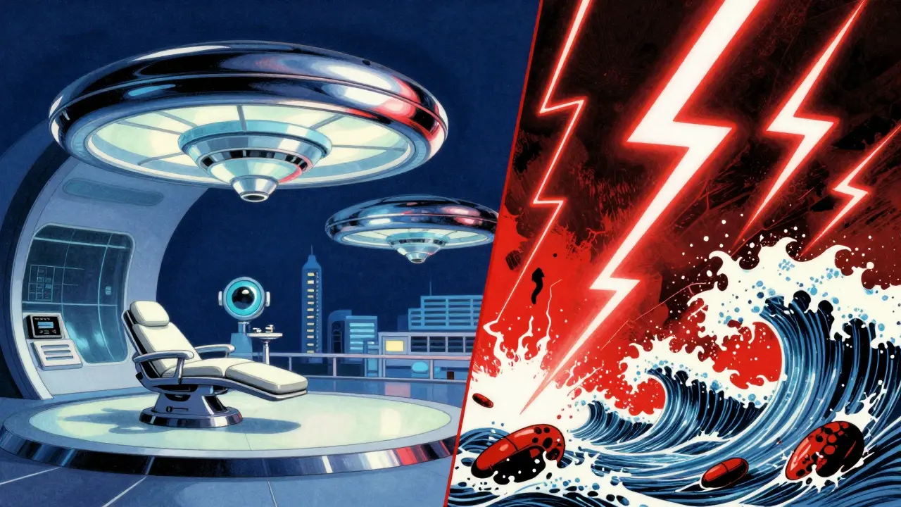 Conceptual split-screen illustration showing a calm medical sanctuary versus a chaotic health crisis.