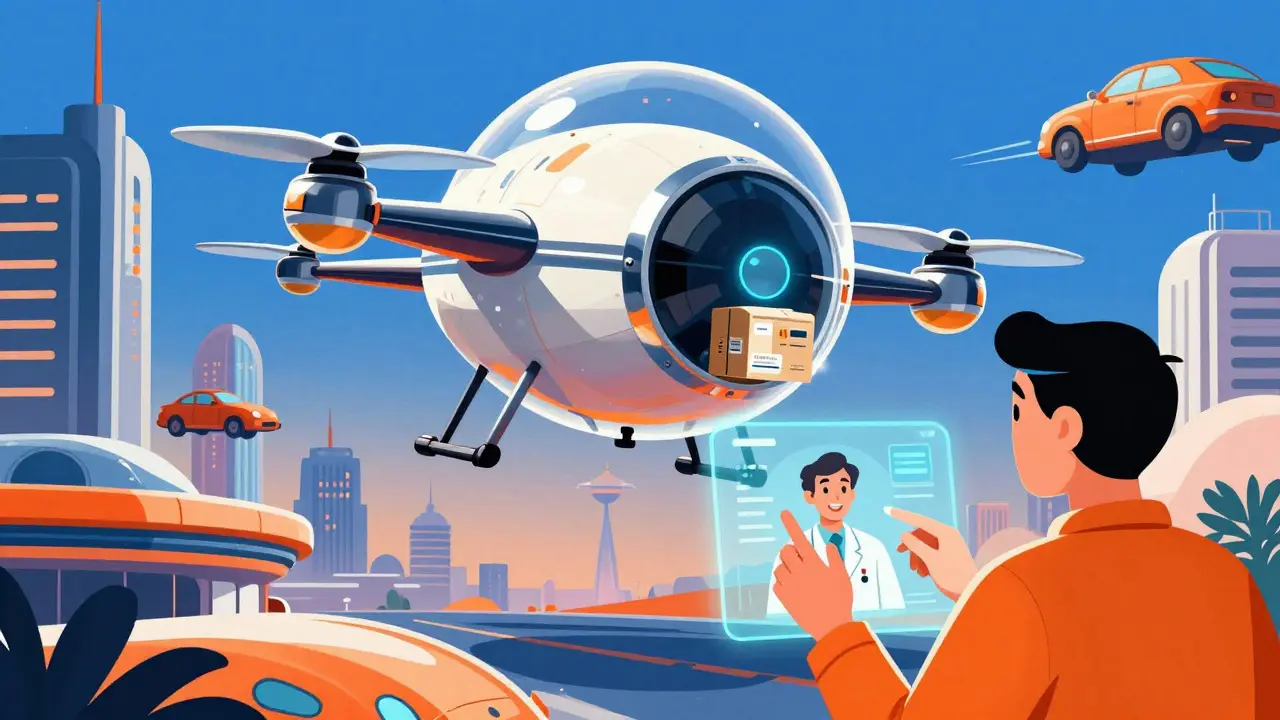 Futuristic delivery drone carrying medicine and a person on a telehealth video call