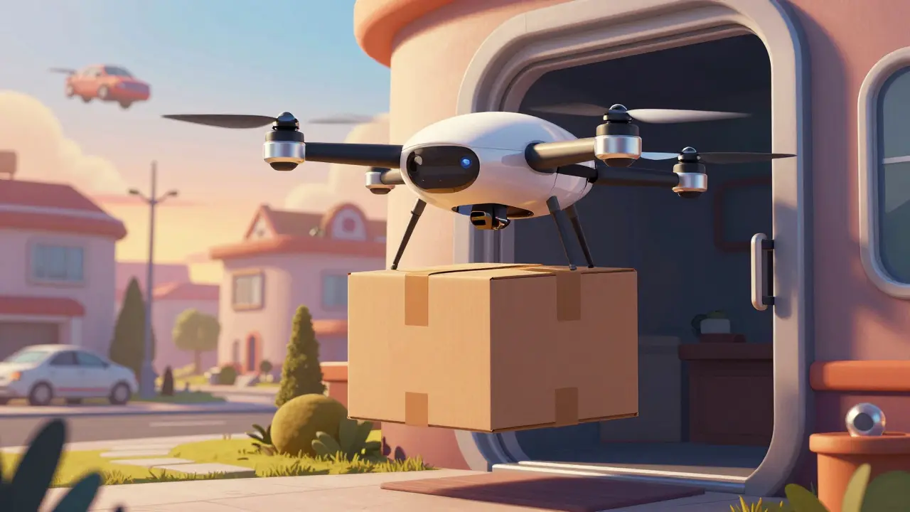 Futuristic drone delivering a plain brown package to a home doorstep