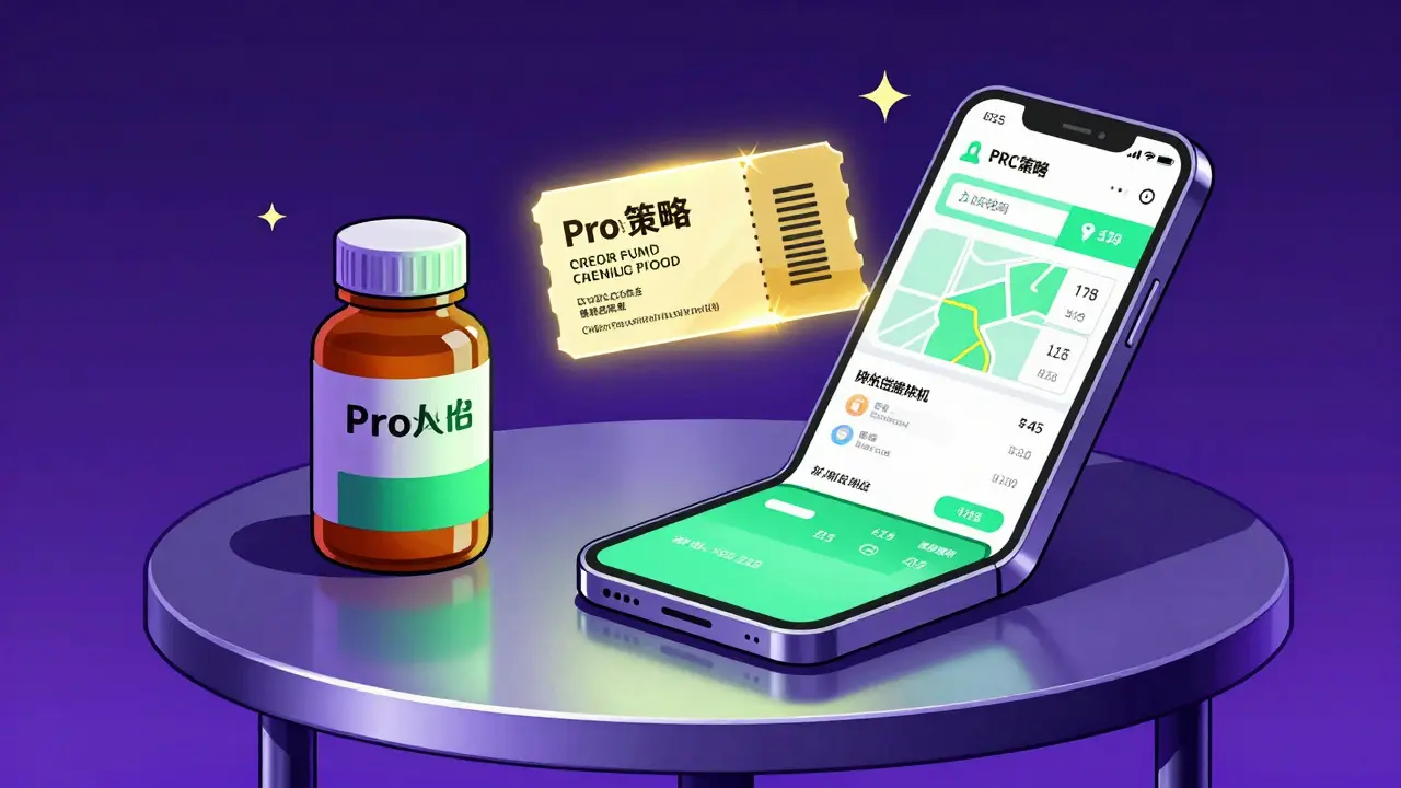 Generic medicine bottle and digital coupon on a high-tech metallic table