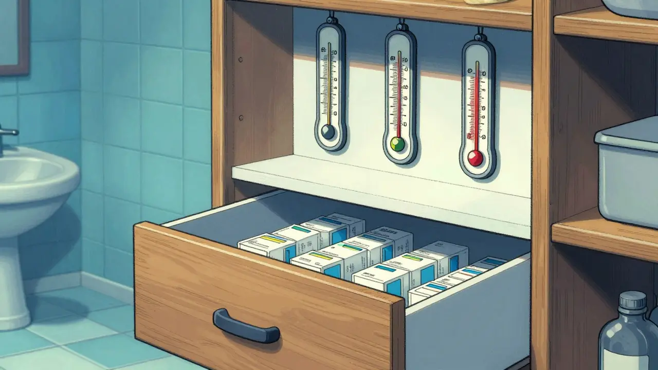 Medicine storage drawer with thermometer nearby