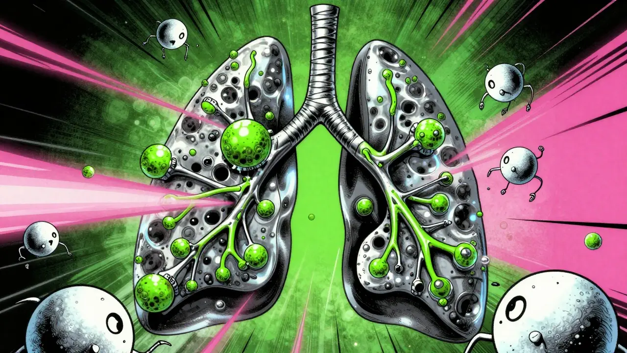 Microscopic battle between stylized fungal structures and robotic white blood cells in a retro-futurist lung.