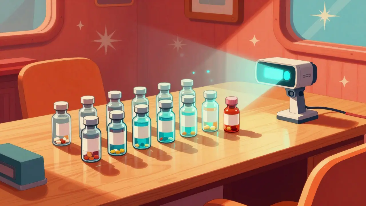 Organized medicine bottles on desk with scanner light