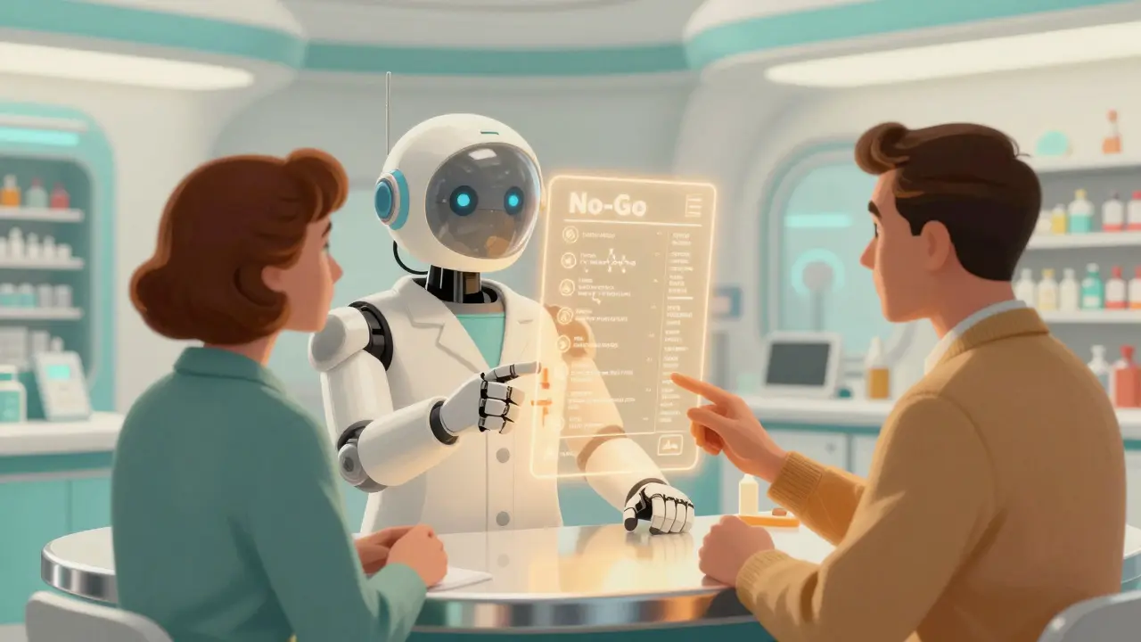 Patient and robotic pharmacist reviewing a holographic list of high-risk medications in a retro-future pharmacy.
