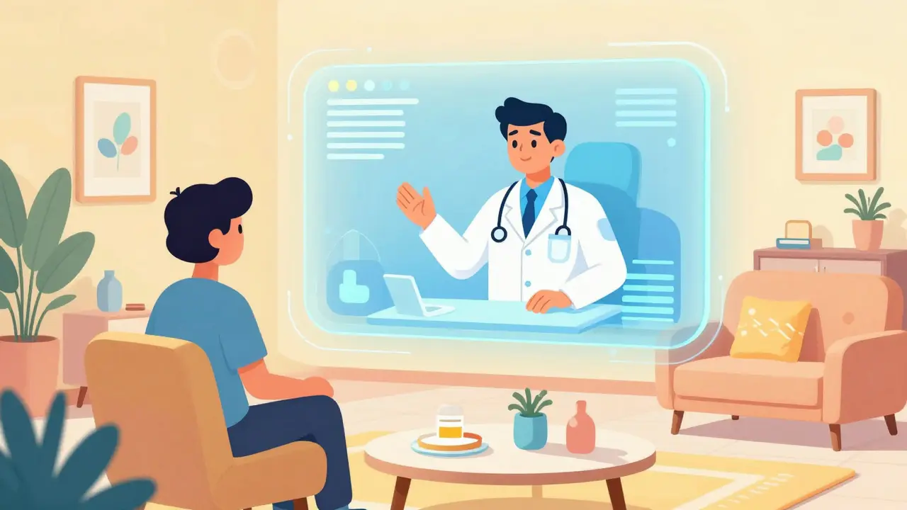 Patient consulting a doctor through a floating futuristic screen in a living room