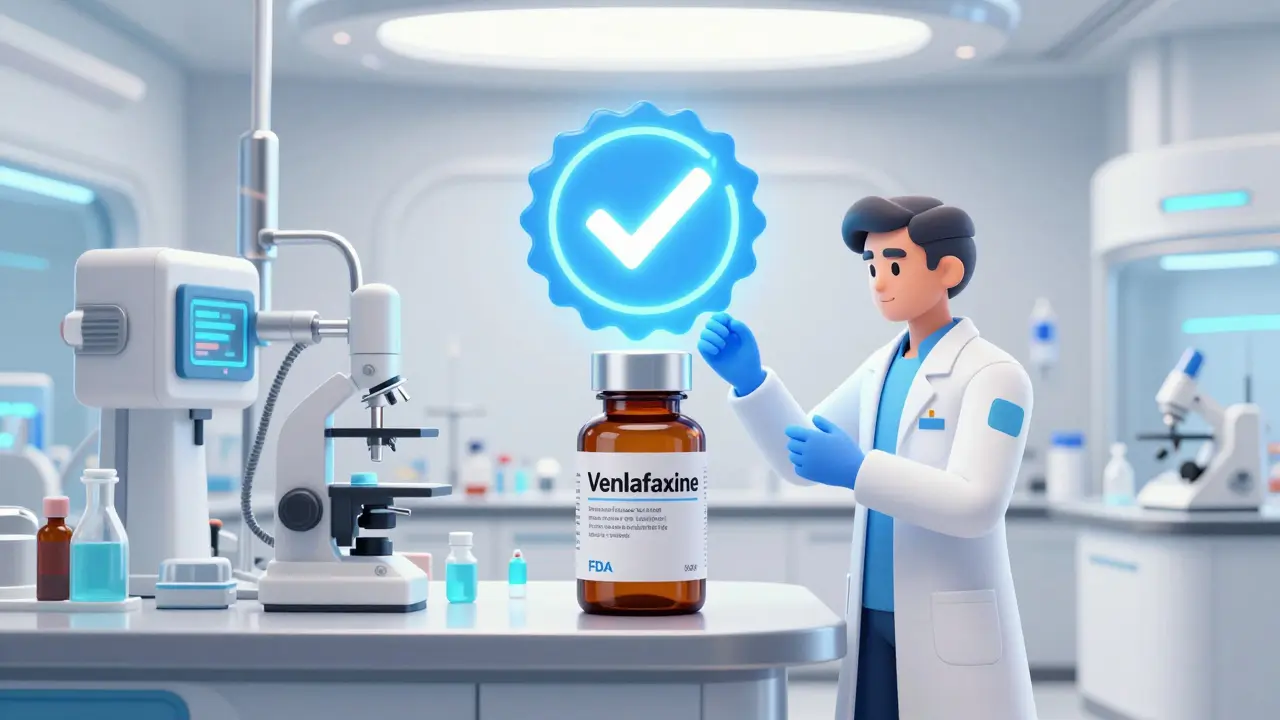 Pharmacist verifying a bottle of generic medication with a glowing digital seal of approval