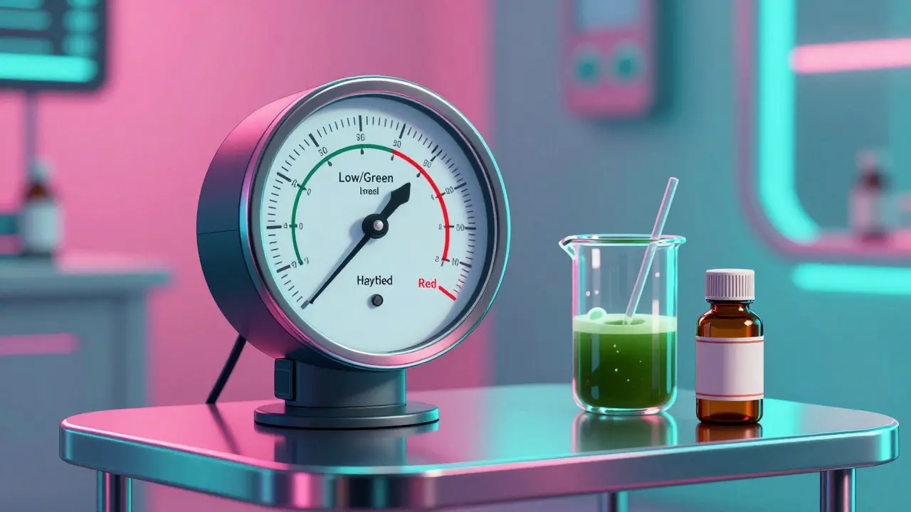 Retro-futuristic blood pressure gauge swinging between high and low levels.