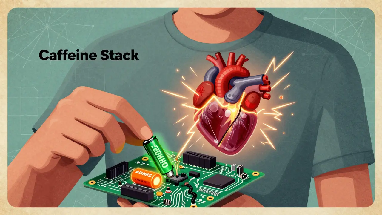 Retro-style art showing a person's heart reacting to a caffeine and stimulant stack.