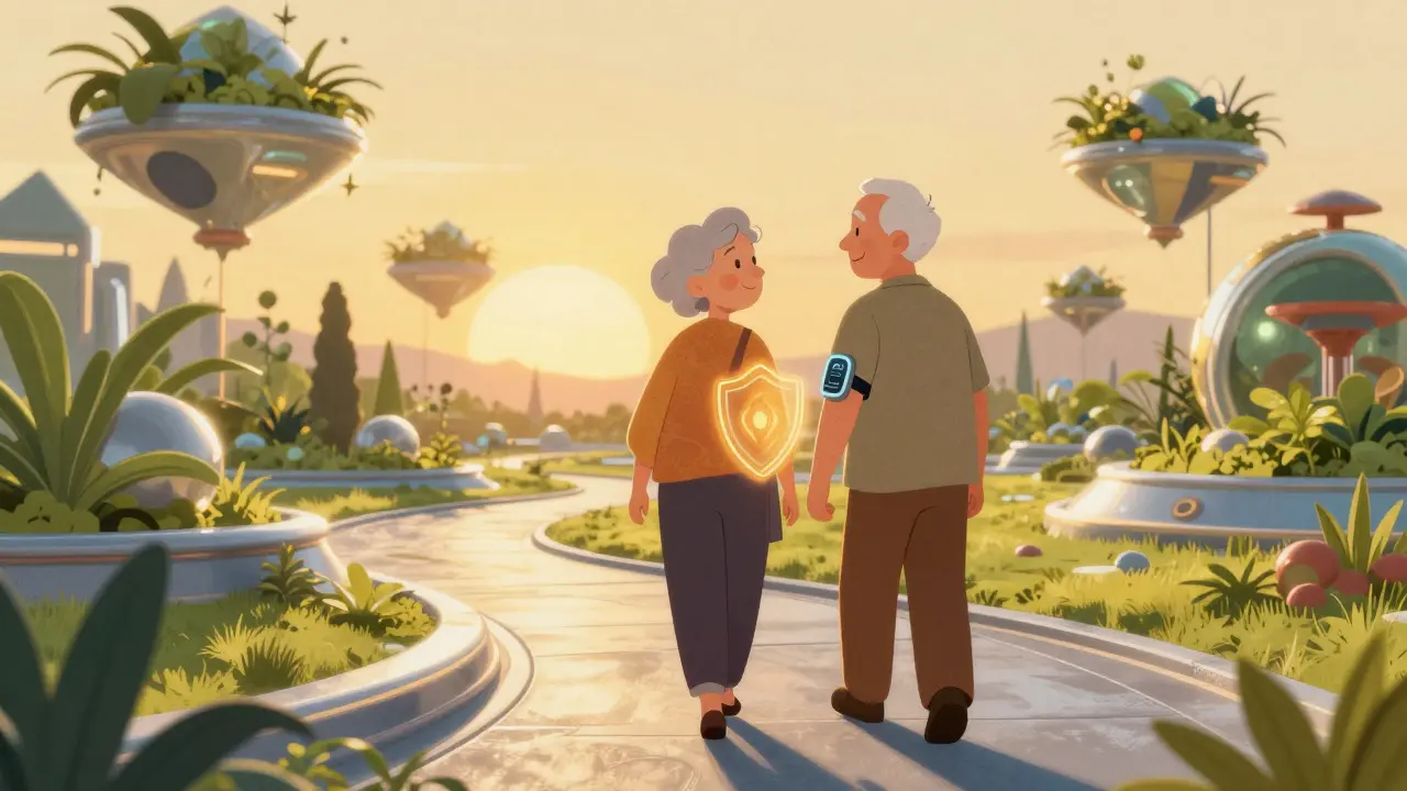 Senior couple in a retro-futuristic park with a glowing glucose monitoring sensor.