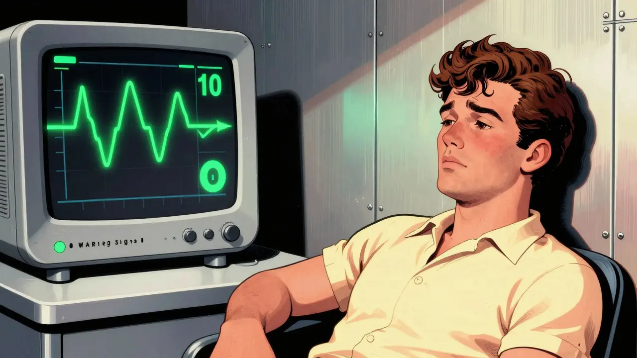 Split-screen retro illustration of a medical monitor and a pale, fatigued person showing symptoms of hemolysis.