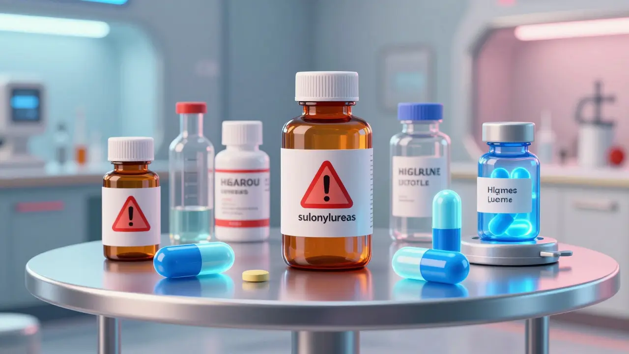 Stylized futuristic medicine bottles and glowing capsules on a chrome table in a retro-lab.